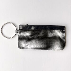 Black Patent Rhinestone Wristlet Clutch w/ Silver Hardware Small Sparkle Purse
